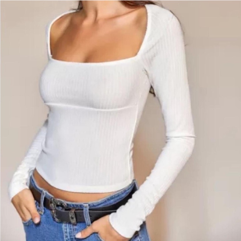Urban Outfitters White Ribbed Long Sleeve Top